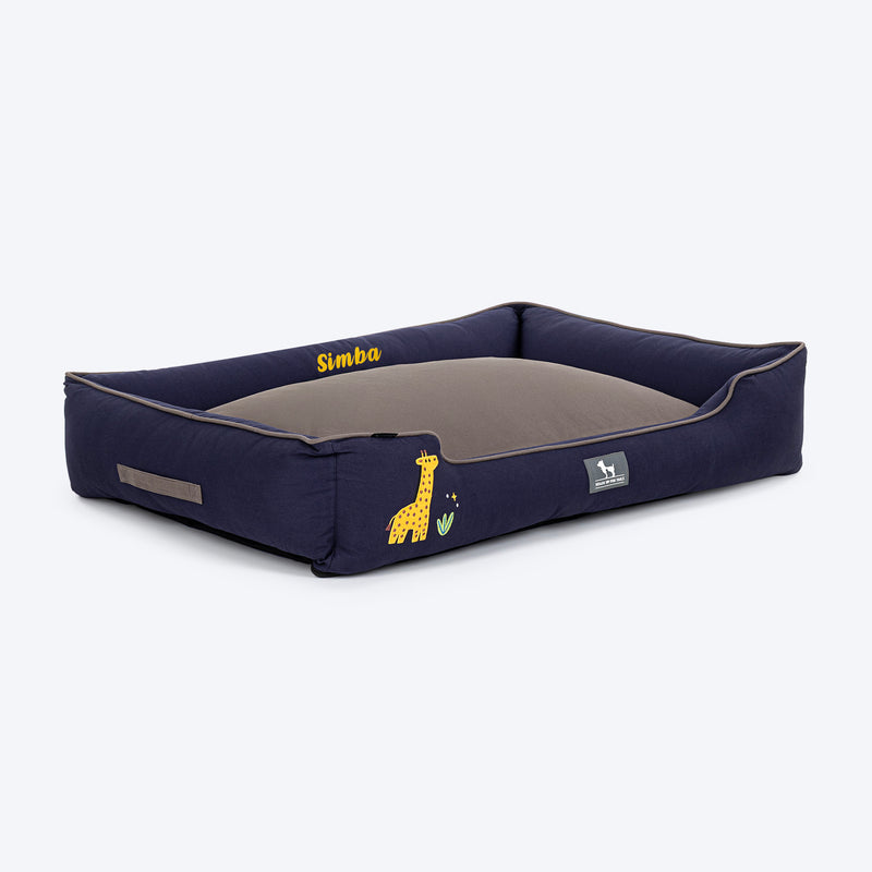 HUFT Personalised Giraffe Classic Lounger Bed For Dog - Grey & Navy - Heads Up For Tails