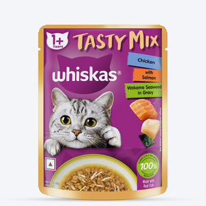Whiskas Tasty Mix Wet Food Made With Real Fish (Salmon & Wakame Seaweed) With Chicken in Gravy For Adult (1+ year) Cat - 70 gm Pack - Heads Up For Tails
