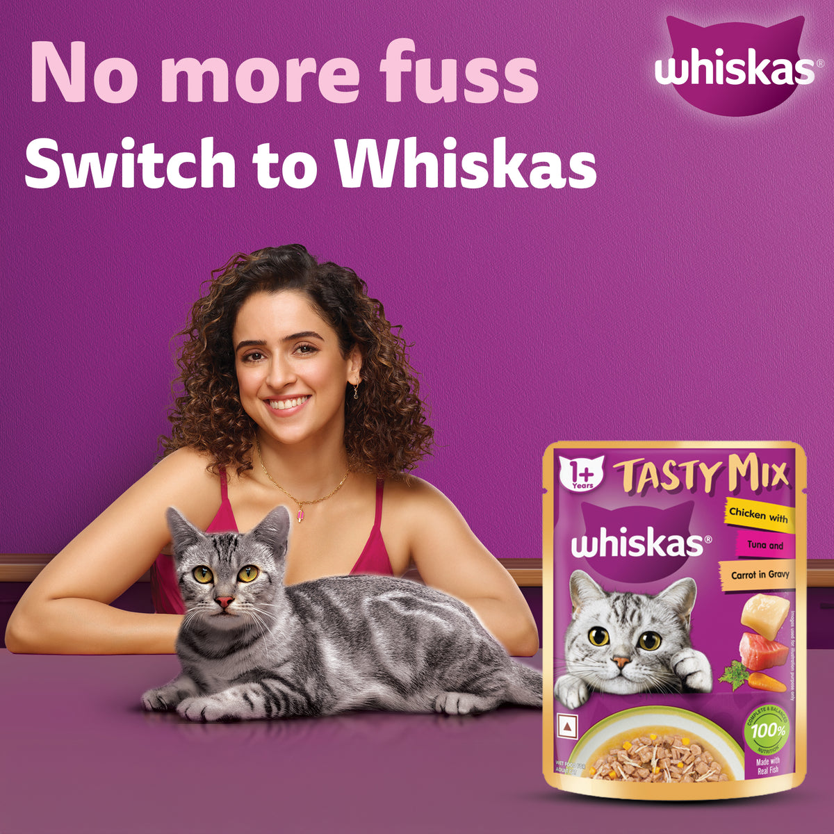 Whiskas Tasty Mix Adult (1+ year) Chicken With Tuna & Carrot in Gravy Wet Cat Food - 70 gm Pack - Heads Up For Tails