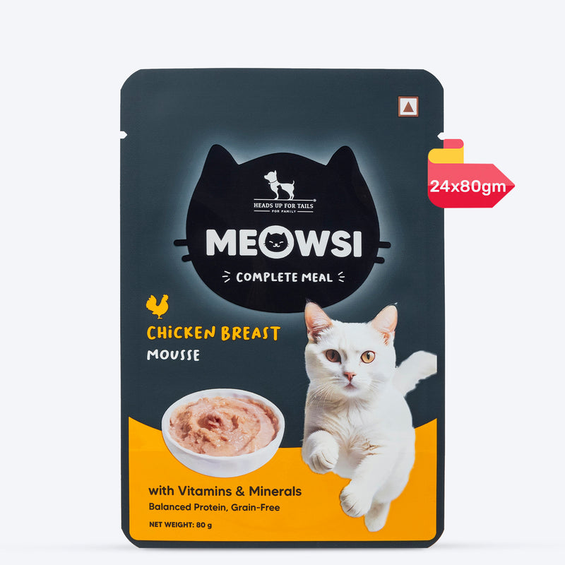Meowsi by HUFT Chicken Breast Mousse Cat Wet Food, 80 gm, grain-free, with vitamins and minerals for balanced nutrition.