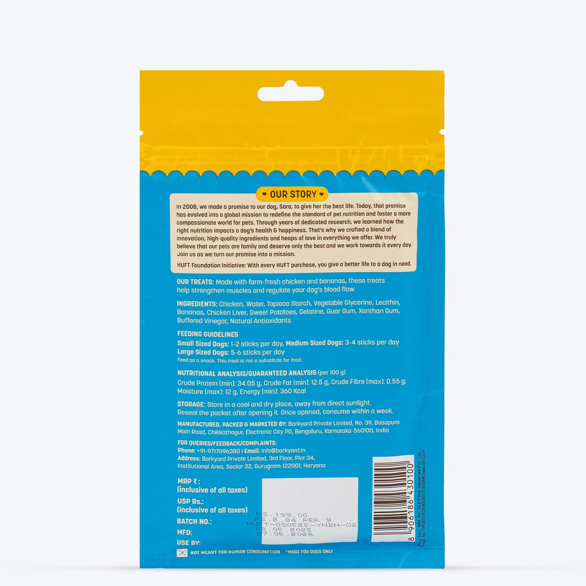 HUFT Yum Nums Soft & Chewy Sticks Banana with Real Chicken Dog Treat - 70 g