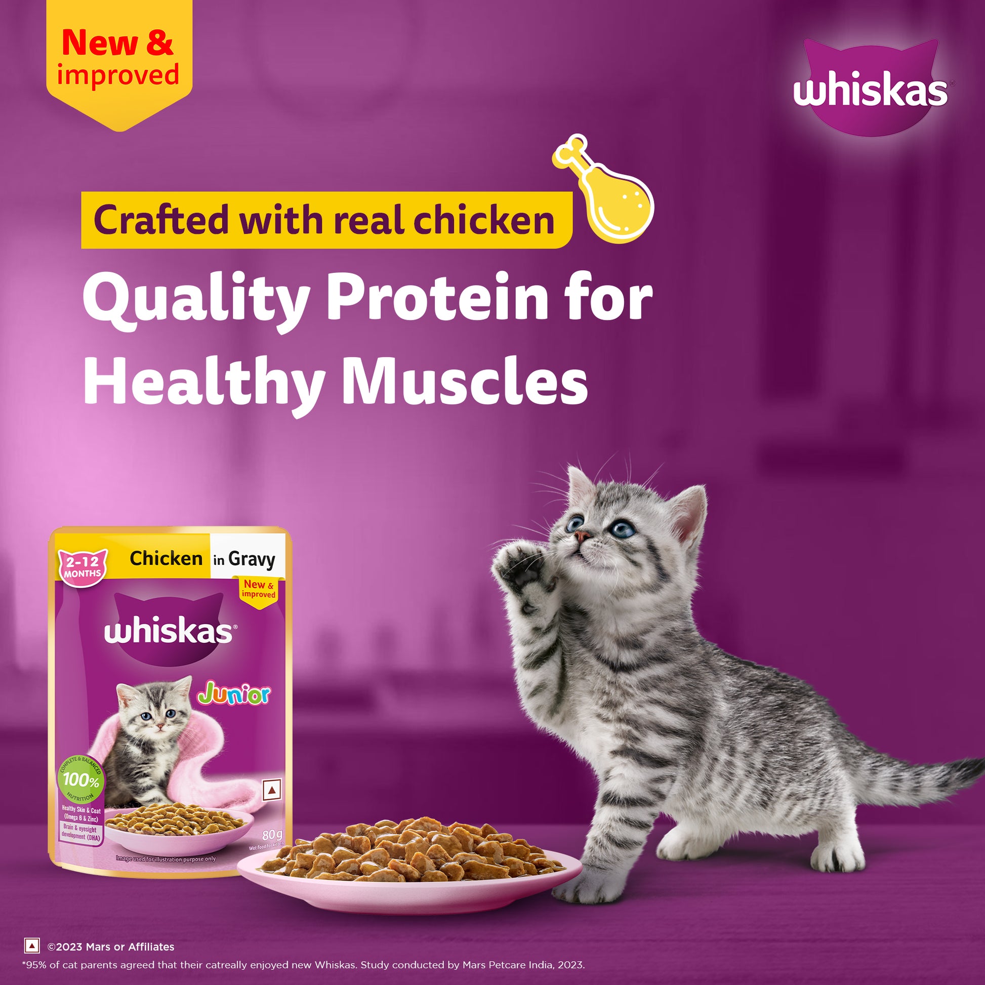 Whiskas Chicken in Gravy (2-12 Months) Wet Food For Junior Kitten - 80 gm Pack - Heads Up For Tails