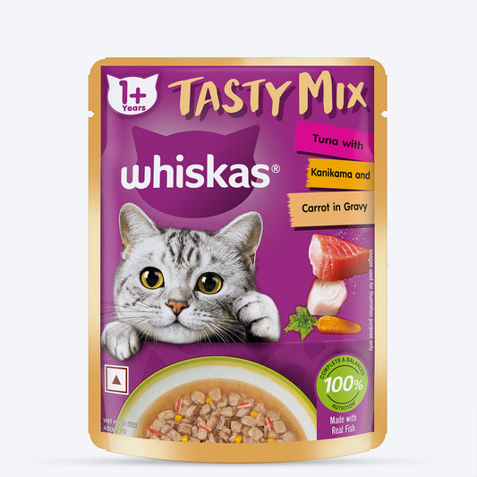 Whiskas Tasty Mix Wet Food Made With Real Fish (Tuna & Kanikama), And Carrot in Gravy For Adult (1+ year) Cat - 70 gm Pack