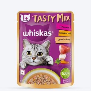 Whiskas Tasty Mix Wet Food Made With Real Fish (Tuna & Kanikama), And Carrot in Gravy For Adult (1+ year) Cat - 70 gm Pack - Heads Up For Tails
