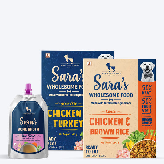 HUFT Sara's Wholesome Food - Classic Chicken & Brown Rice, Grain-Free Chicken & Turkey and Sara's Rich Blend Bone Broth Combo - Pack of 3 - Heads Up For Tails