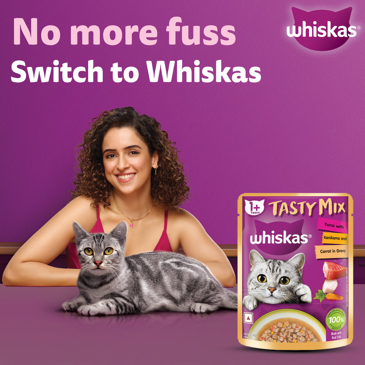 Whiskas Tasty Mix Wet Food Made With Real Fish (Tuna & Kanikama), And Carrot in Gravy For Adult (1+ year) Cat - 70 gm Pack - Heads Up For Tails