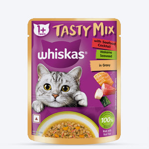 Whiskas Tasty Mix Wet Food Made With Real Fish (Seafood Cocktail & Wakame Seaweed) in Gravy For Adult (1+ year) Cat - 70 gm Pack - Heads Up For Tails