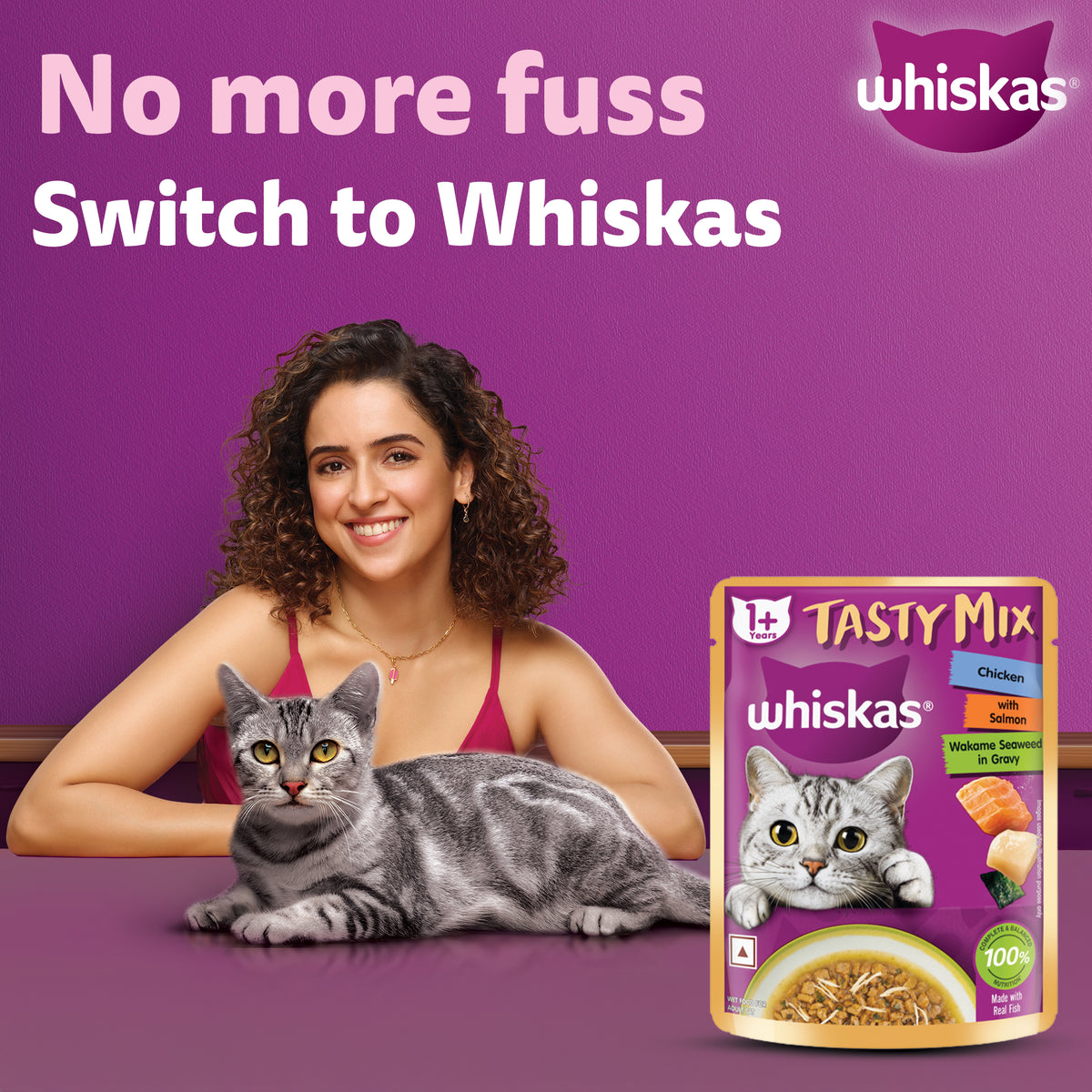 Whiskas Tasty Mix Wet Food Made With Real Fish (Salmon & Wakame Seaweed) With Chicken in Gravy For Adult (1+ year) Cat - 70 gm Pack - Heads Up For Tails