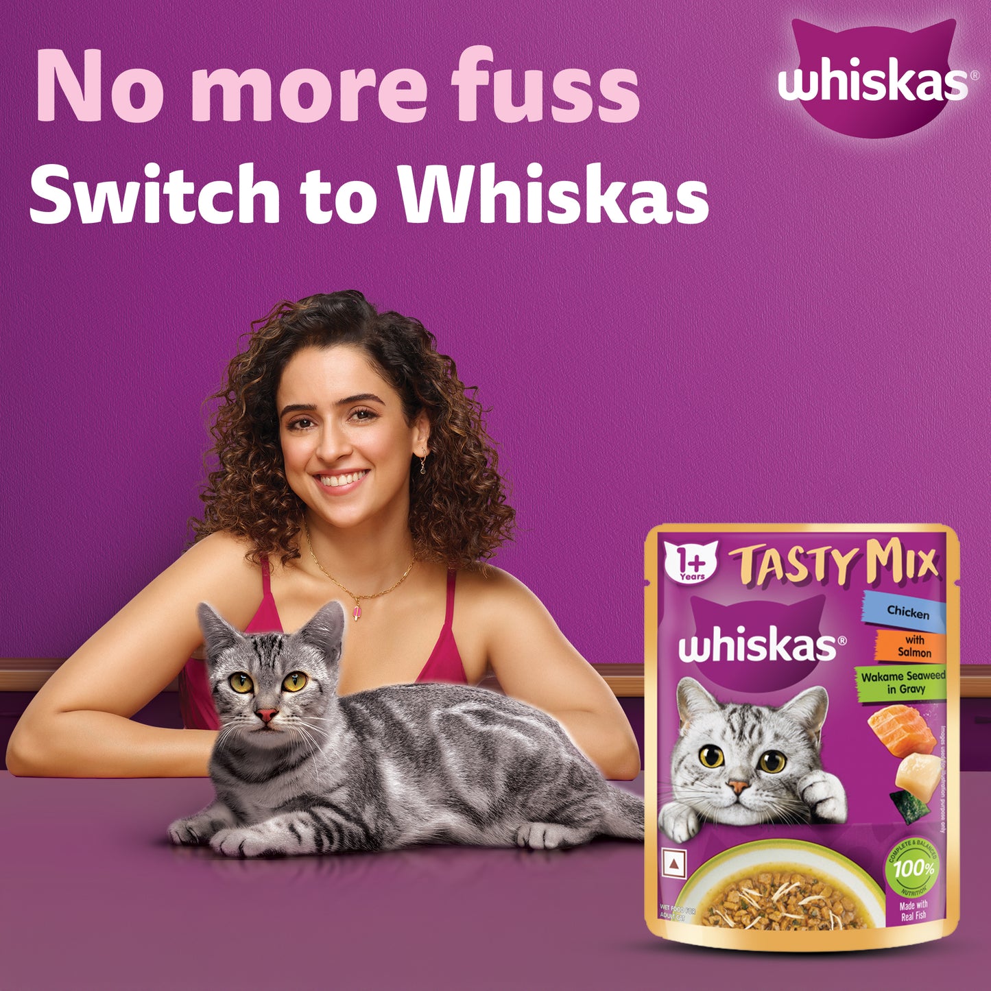 Whiskas Tasty Mix Wet Food Made With Real Fish (Salmon & Wakame Seaweed) With Chicken in Gravy For Adult (1+ year) Cat - 70 gm Pack