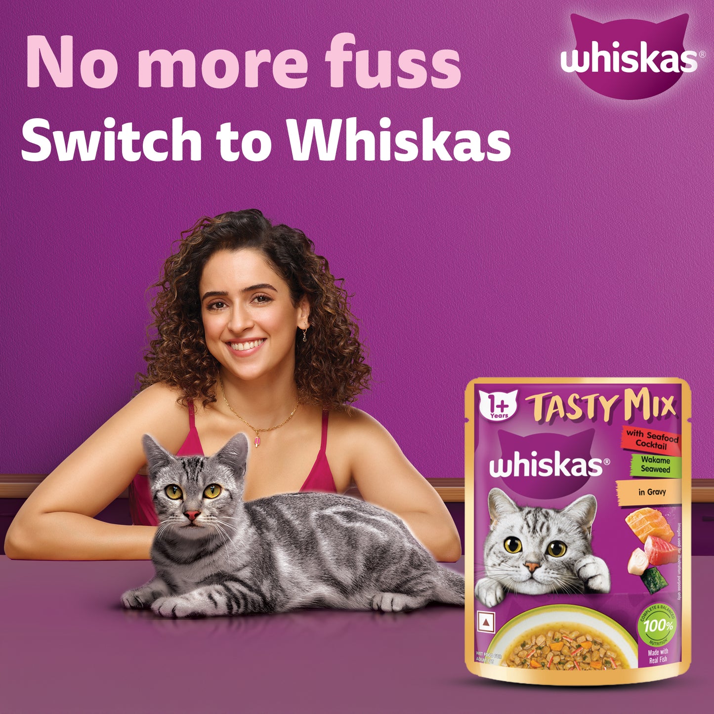 Whiskas Tasty Mix Wet Food Made With Real Fish (Seafood Cocktail & Wakame Seaweed) in Gravy For Adult (1+ year) Cat - 70 gm Pack
