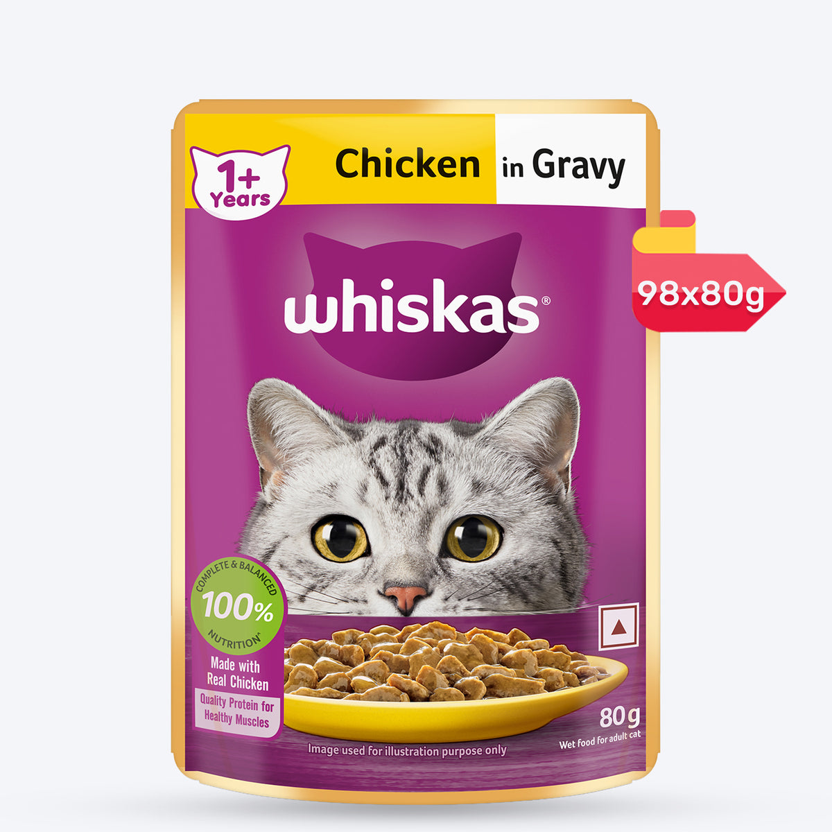 Whiskas Adult (1+ Years) Chicken in Gravy Wet Cat Food - 80 gm Pack