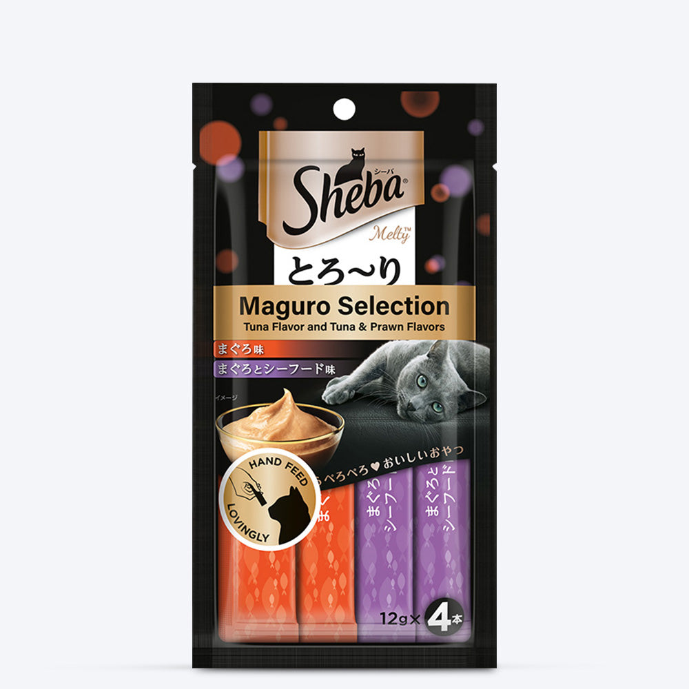 Sheba Melty Premium Maguro Selection Tuna and Tuna &amp; Prawn Flavors Lickable Creamy Cat Treat - 48 gm Packs