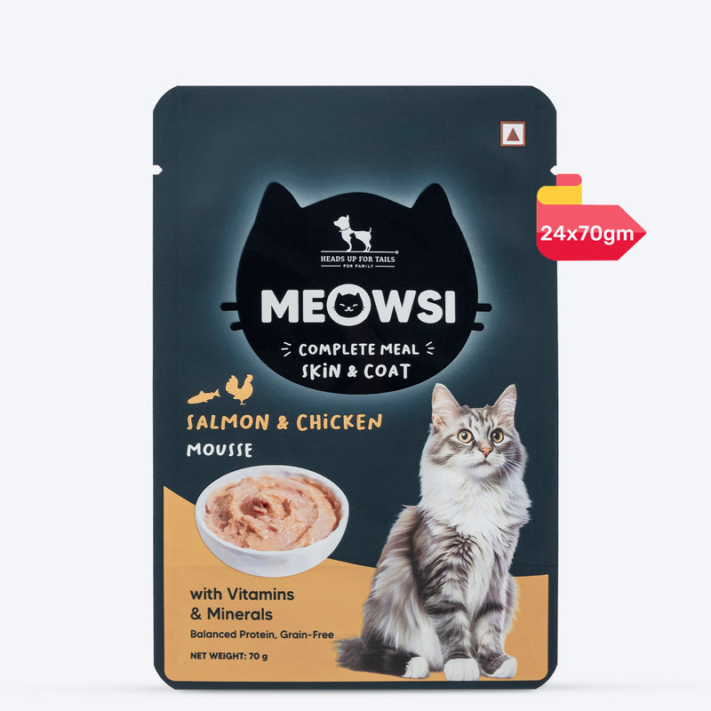 Meowsi by HUFT Skin & Coat Salmon & Chicken Mousse Cat Wet Food, 70 gm, with vitamins and minerals, grain-free.