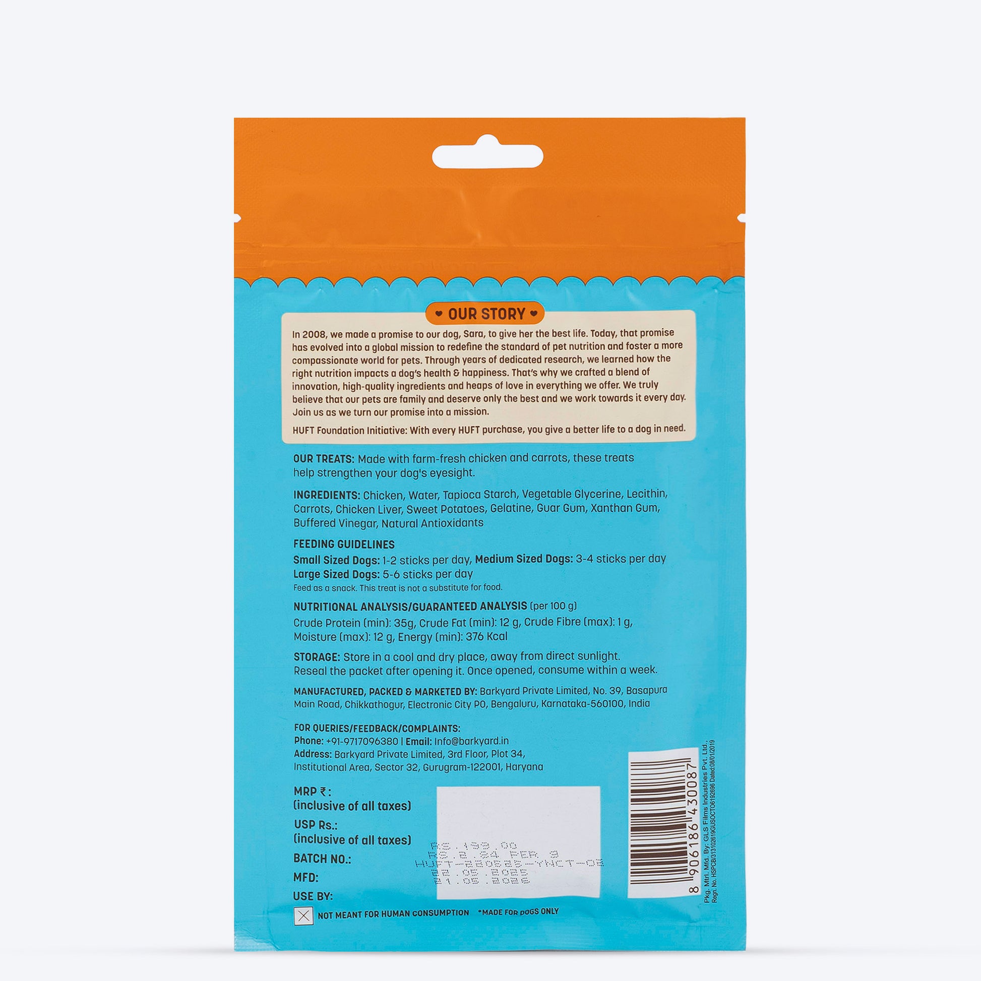 HUFT Yum Nums Dog Treats Soft & Chewy Sticks Carrot With Real Chicken - 70 gm - Heads Up For Tails