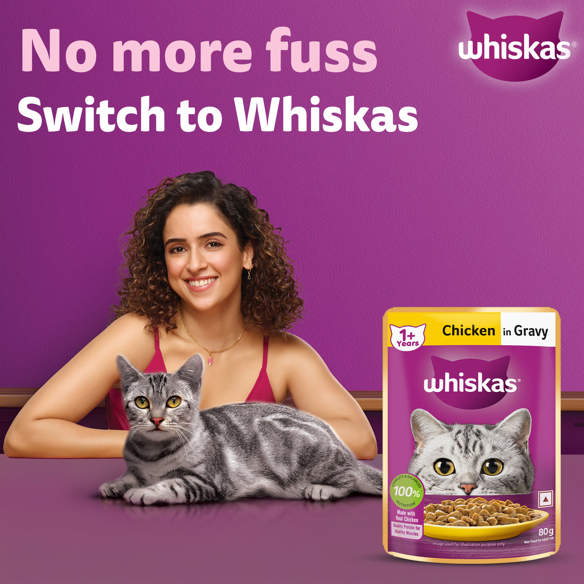 Whiskas Chicken in Gravy (1+ Years) Wet Food For Adult Cat - 80 gm Pack - Heads Up For Tails