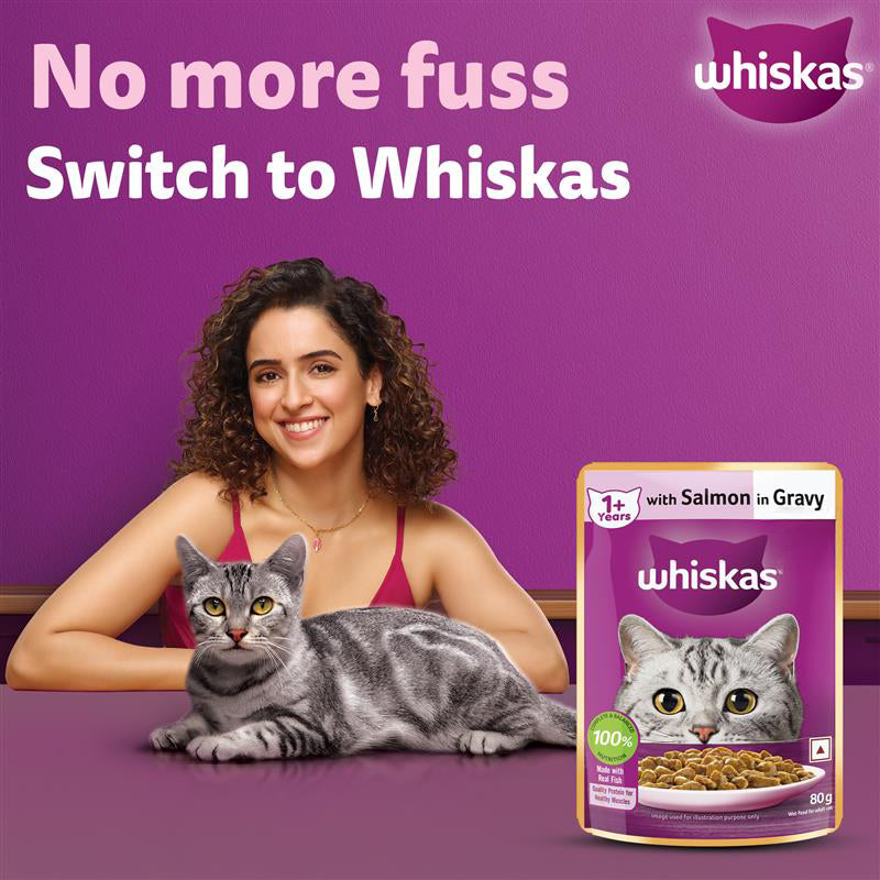 Whiskas Salmon in Gravy (1+ Years) Wet Food For Adult Cat - 80 gm - Heads Up For Tails