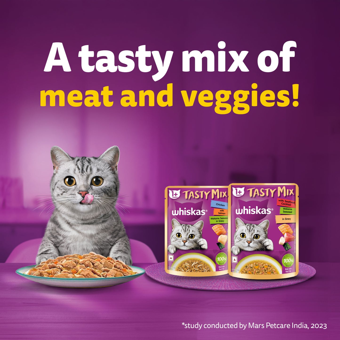 Whiskas Tasty Mix Wet Food Made With Real Fish (Seafood Cocktail & Wakame Seaweed) in Gravy For Adult (1+ year) Cat - 70 gm Pack