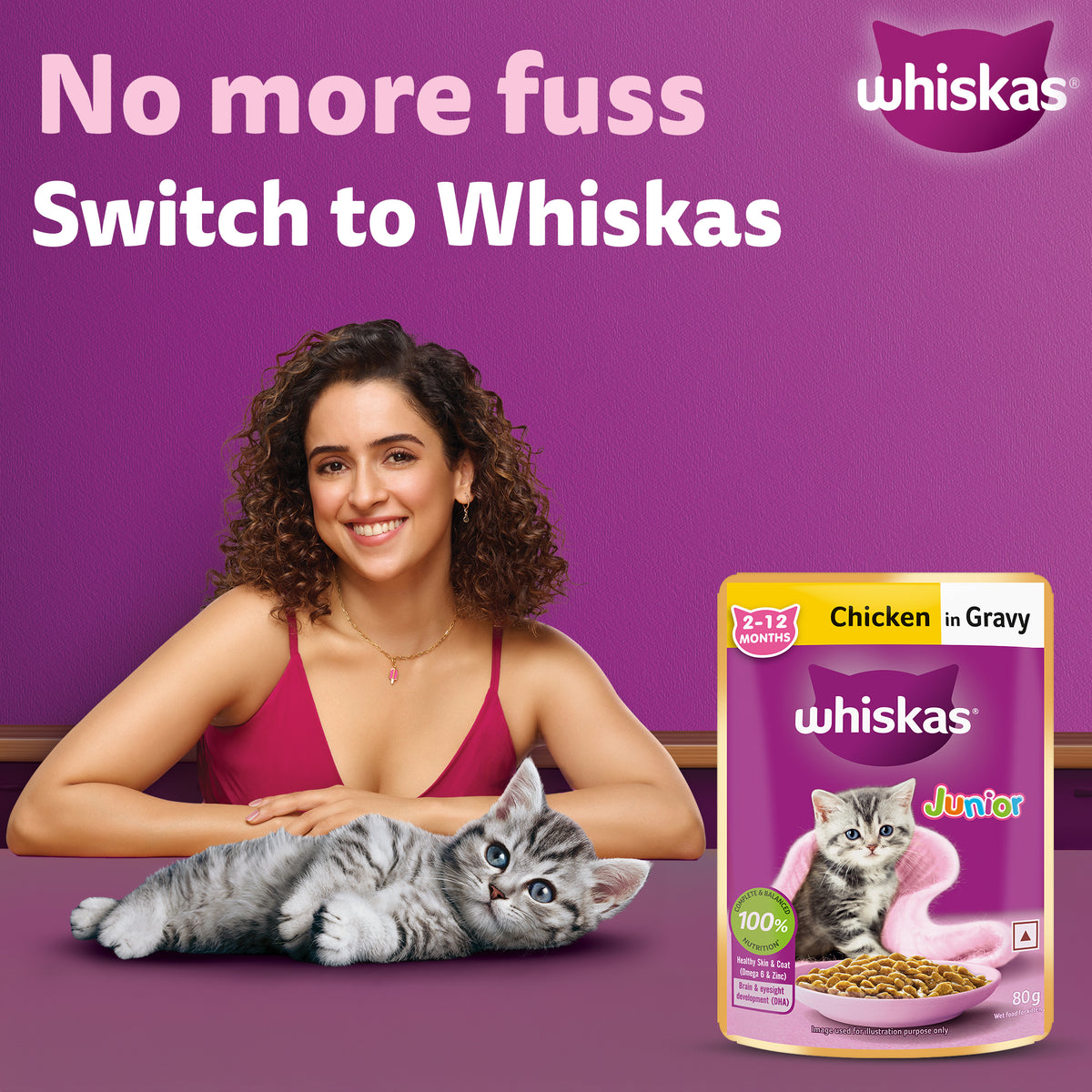 Whiskas Chicken in Gravy (2-12 Months) Wet Food For Junior Kitten - 80 gm - Heads Up For Tails