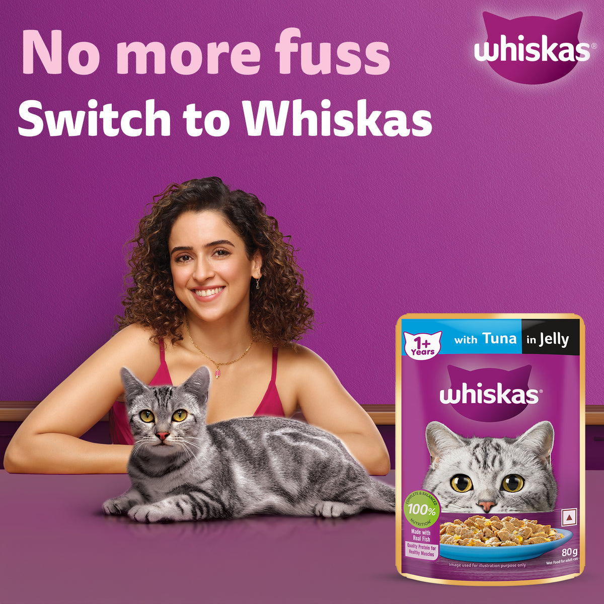 Whiskas Tuna in Jelly  (1+ Years) Wet Food For Adult Cat - 80 gm Pack - Heads Up For Tails
