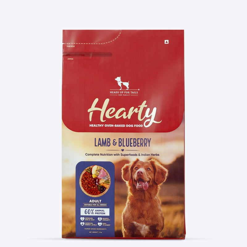 Hearty Lamb & Blueberry Oven-Baked Adult Dog Food by Heads Up for Tails, suitable for all breeds, 60% animal protein.