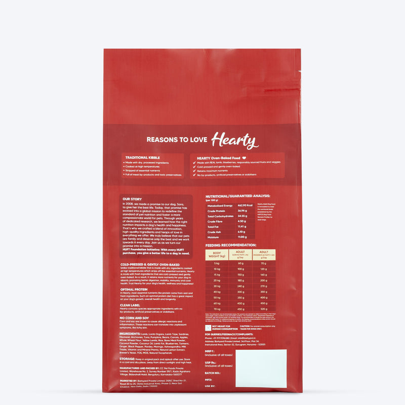 Hearty Lamb & Blueberry Oven-Baked Adult Dog Food by Heads Up for Tails, suitable for all breeds, 60% animal protein.