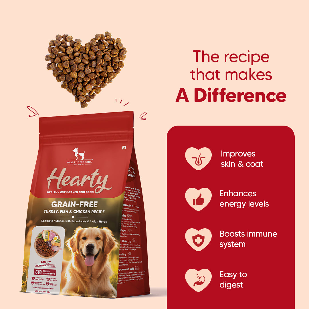 Hearty Turkey, Fish & Chicken Grain-Free Oven-Baked Dog Food, 2 kg, suitable for all breeds, by Heads Up for Tails.