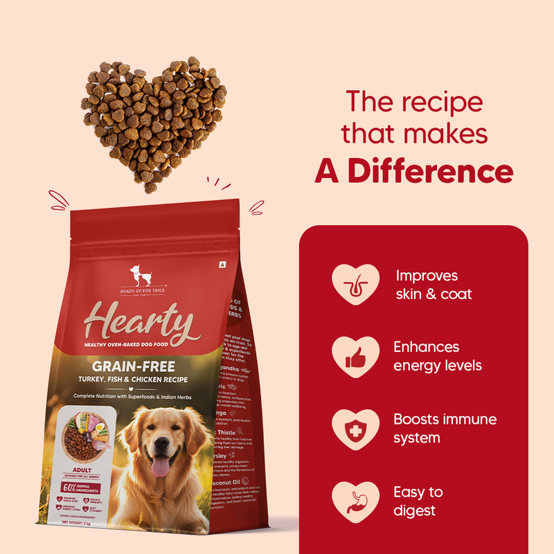 Hearty Turkey, Fish & Chicken Grain-Free Oven-Baked Dog Food, 2 kg, suitable for all breeds, by Heads Up for Tails.