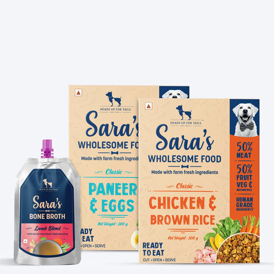 HUFT Sara's Wholesome Food- Classic Paneer & Eggs, Chicken & Brown Rice and Sara's Lamb Blend Bone Broth Combo - Pack of 3 - Heads Up For Tails
