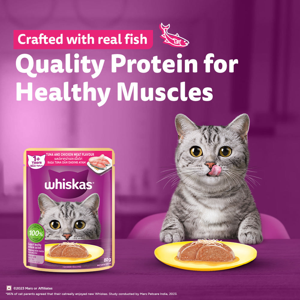 Whiskas Tuna and Chicken Meat in Jelly Flavour (1+ Years) Adult Cat Wet Food - 80 gm Pack