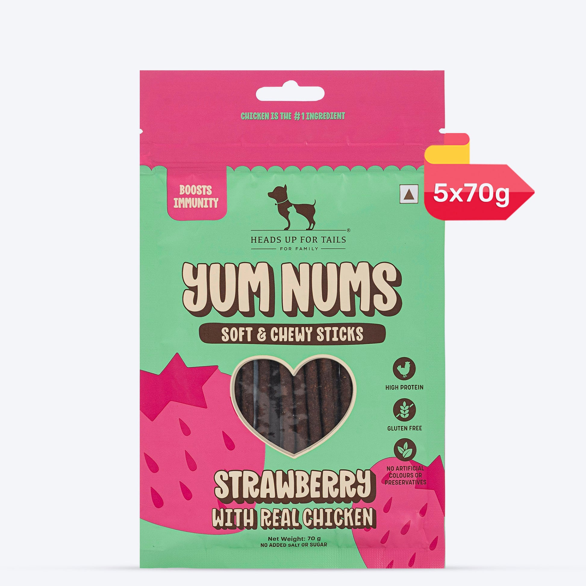 HUFT Yum Nums Soft & Chewy Sticks Strawberry with Real Chicken Treat For Dogs - 70 g - Heads Up For Tails