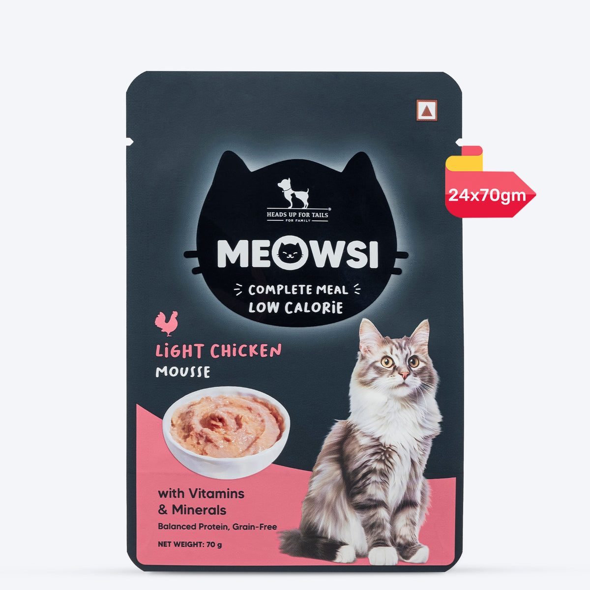 Meowsi by HUFT Low Calorie Light Chicken Mousse Wet Food for Cats, 70 gm tray, with vitamins and minerals.