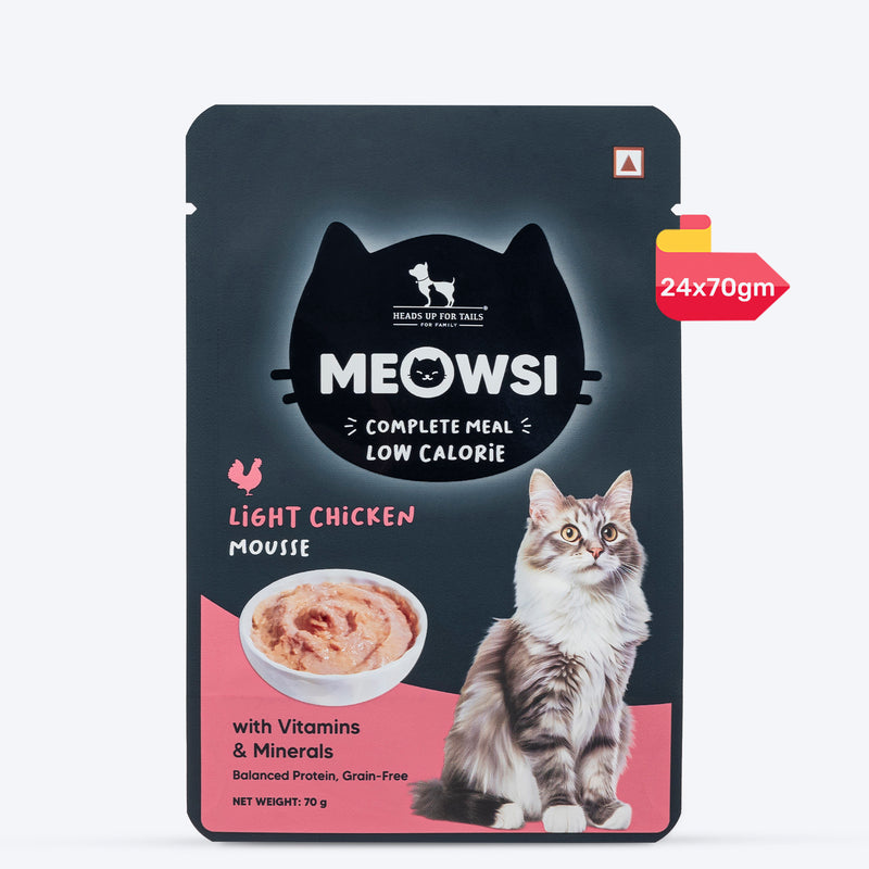 Meowsi by HUFT Low Calorie Light Chicken Mousse Wet Food for Cats, 70 gm tray, with vitamins and minerals.
