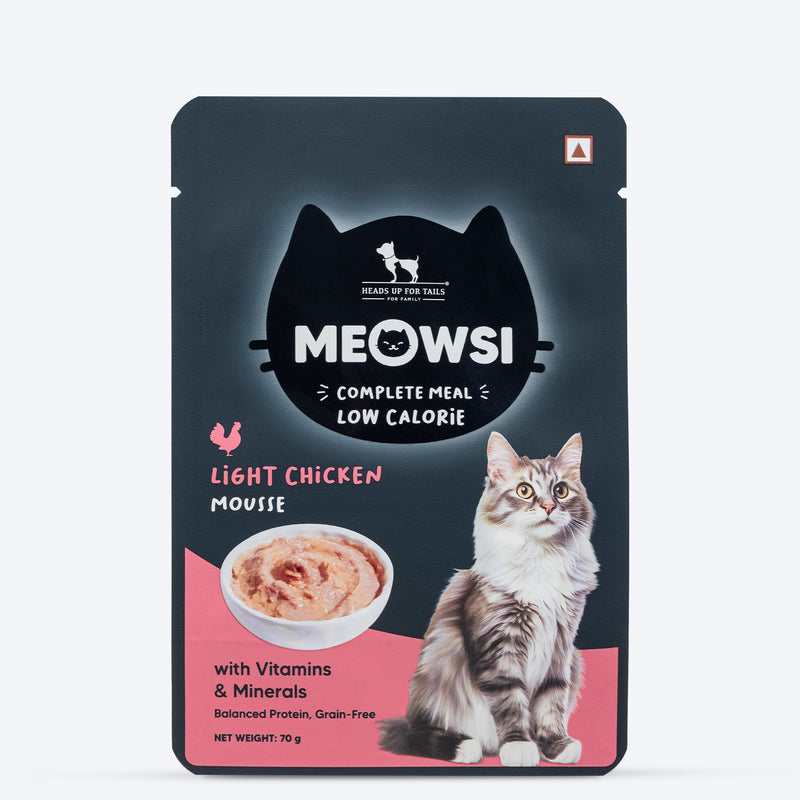 Meowsi by HUFT Low Calorie Light Chicken Mousse Wet Food for Cats, 70 gm tray, with vitamins and minerals.