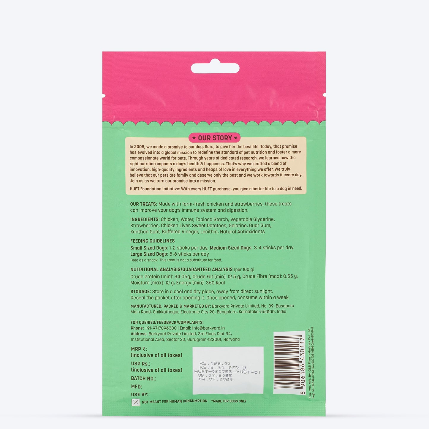 HUFT Yum Nums Soft & Chewy Sticks Strawberry with Real Chicken Treat For Dogs - 70 g - Heads Up For Tails