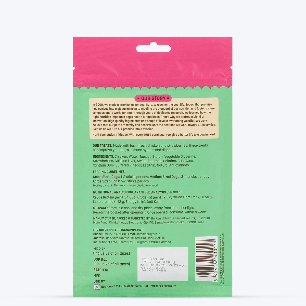 HUFT Yum Nums Soft & Chewy Sticks Strawberry with Real Chicken Dog Treat - 70 gm