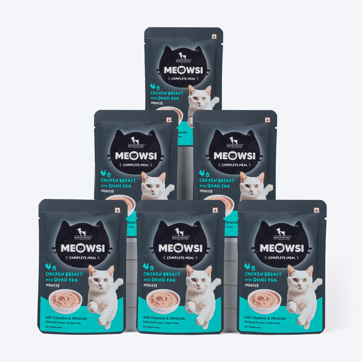 Meowsi by HUFT Chicken Breast with Quail Egg Mousse Cat Wet Food, 80 gm, grain-free, with vitamins and minerals.
