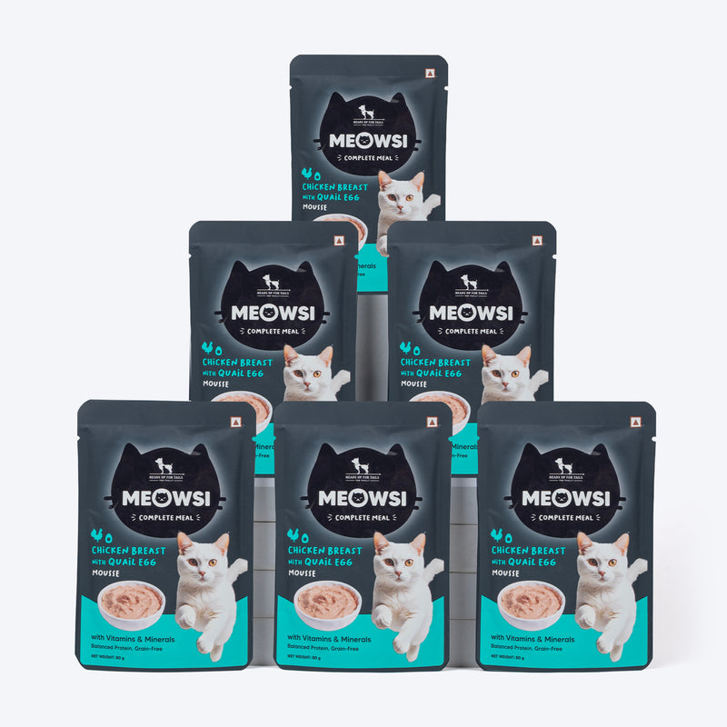 Meowsi by HUFT Chicken Breast with Quail Egg Mousse Cat Wet Food, 80 gm, grain-free, with vitamins and minerals.