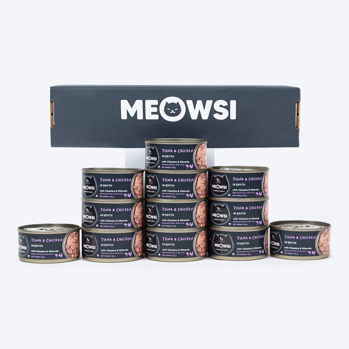 Meowsi by HUFT Tuna & Chicken in Broth Canned Cat Wet Food, 80 gm, with vitamins and minerals, grain-free.