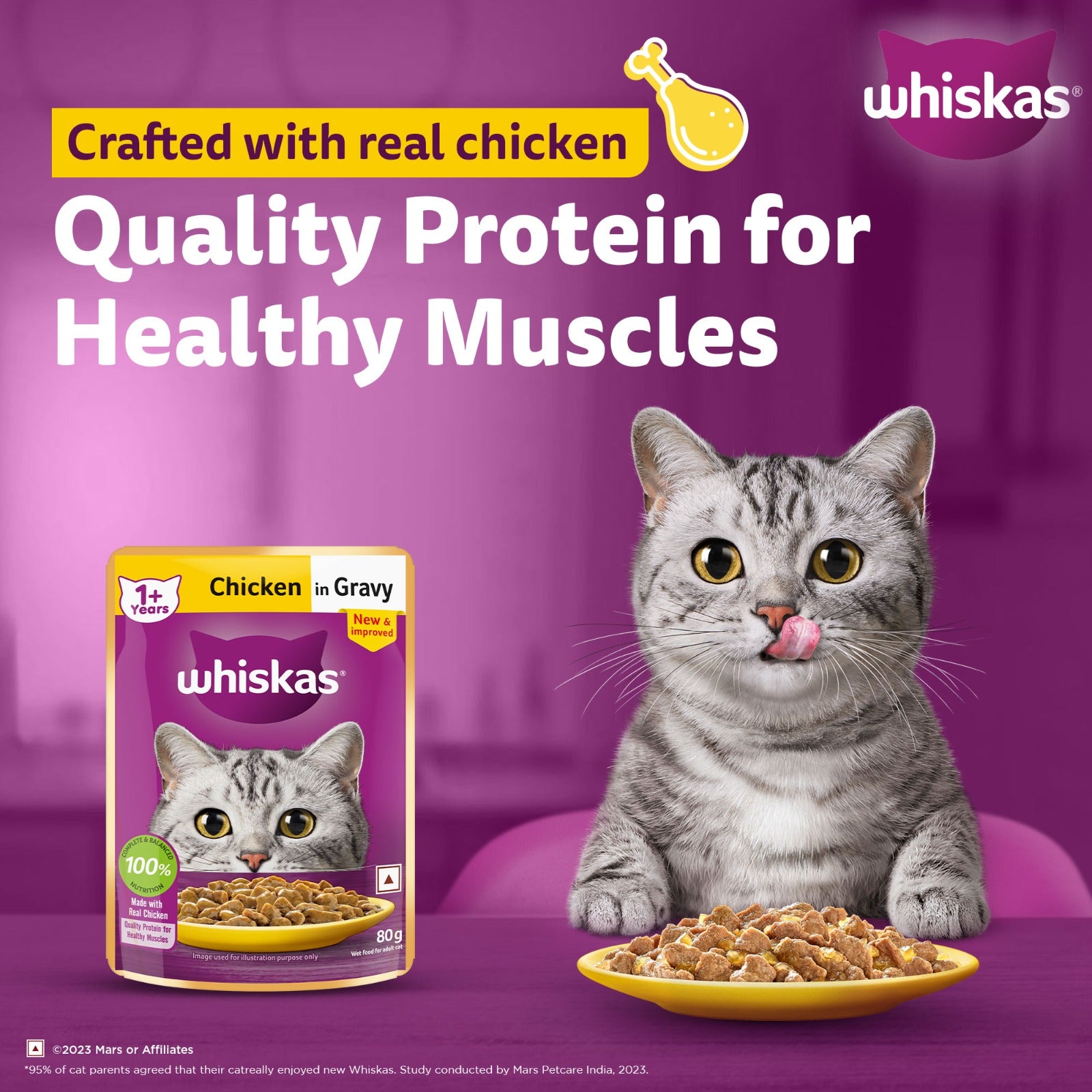 Whiskas Chicken in Gravy (1+ Years) Wet Food For Adult Cat - 80 gm Pack - Heads Up For Tails