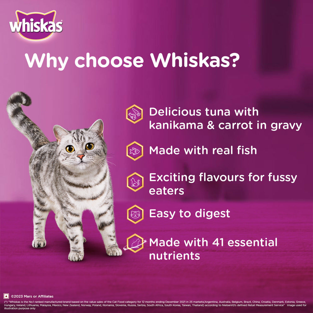 Whiskas Tasty Mix Wet Food Made With Real Fish (Tuna & Kanikama), And Carrot in Gravy For Adult (1+ year) Cat - 70 gm Pack - Heads Up For Tails