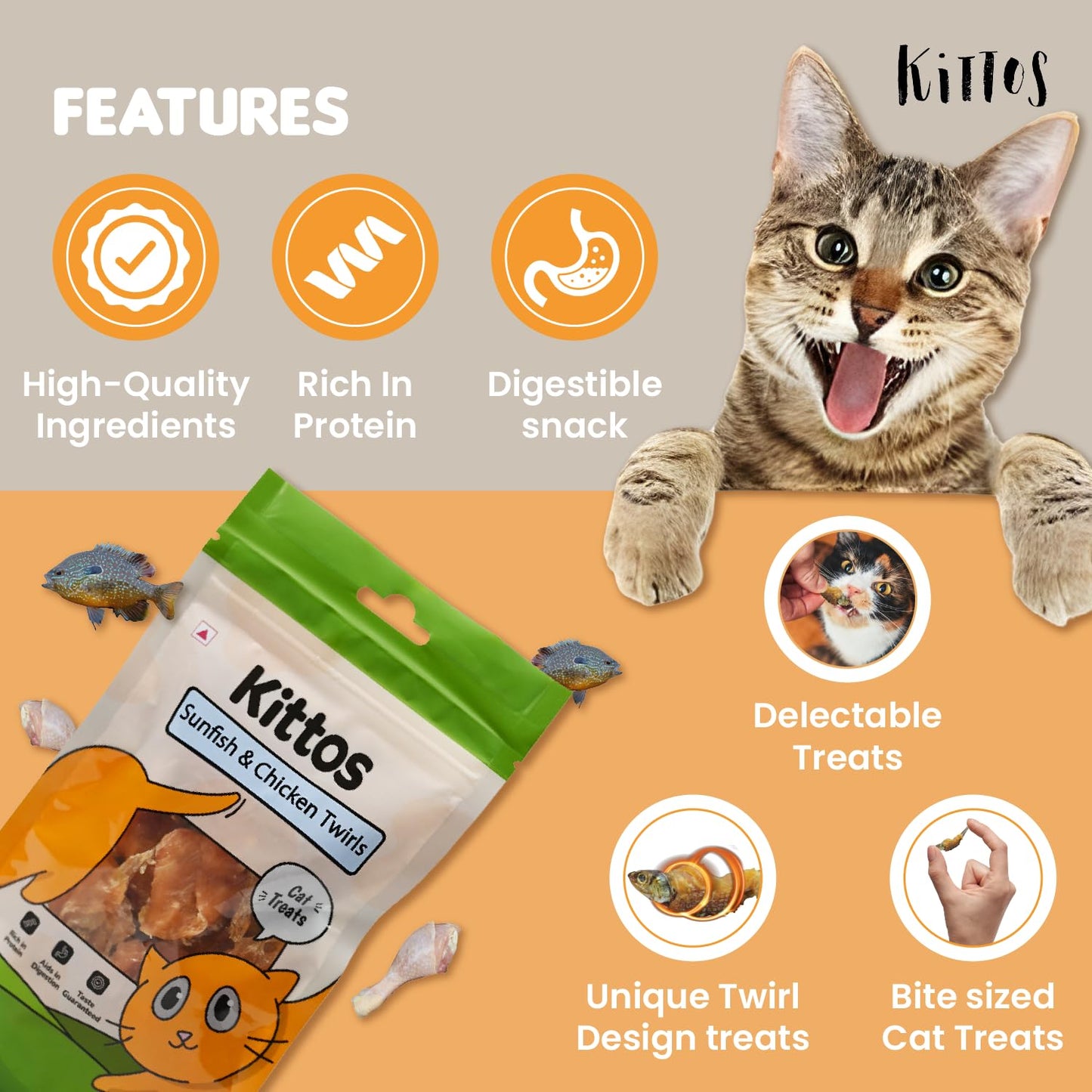 Kittos Purr-Fect Sunfish & Chicken Twirls Cat Treats - 35 g - Heads Up For Tails