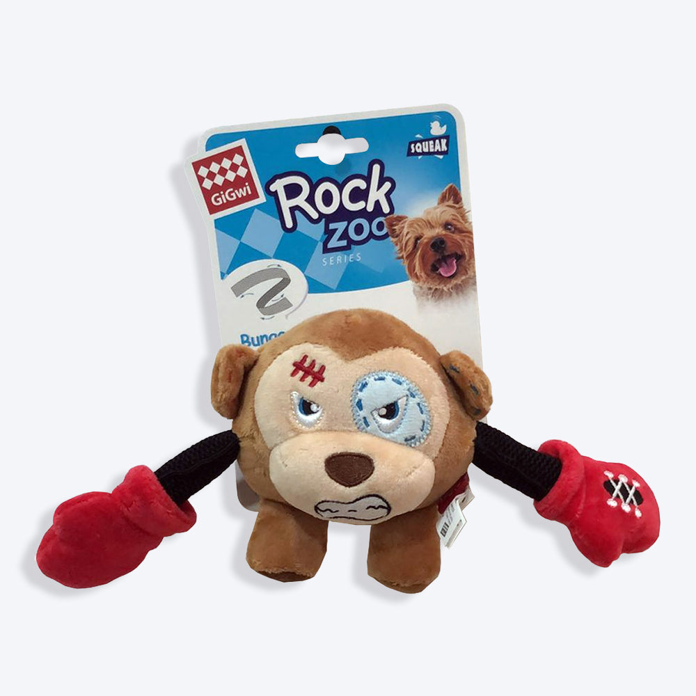 GiGwi Monkey Rock Zoo King Boxer With Squeaker, Bungee Arm Fetch Dog Toy - Brown - S - Heads Up For Tails