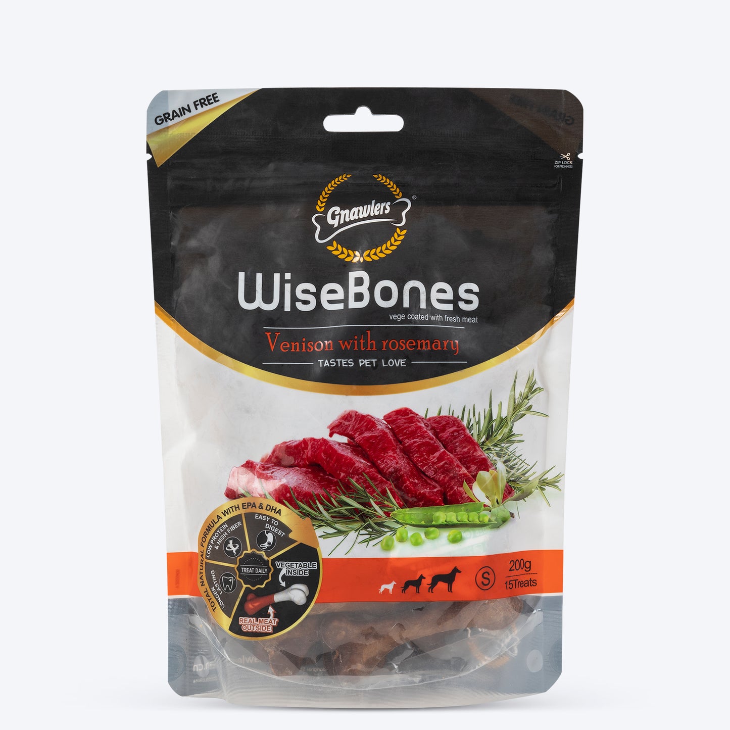 Gnawlers Wisebone Grain Free Dog Treat - Venison with Rosemary - 200 g - Heads Up For Tails
