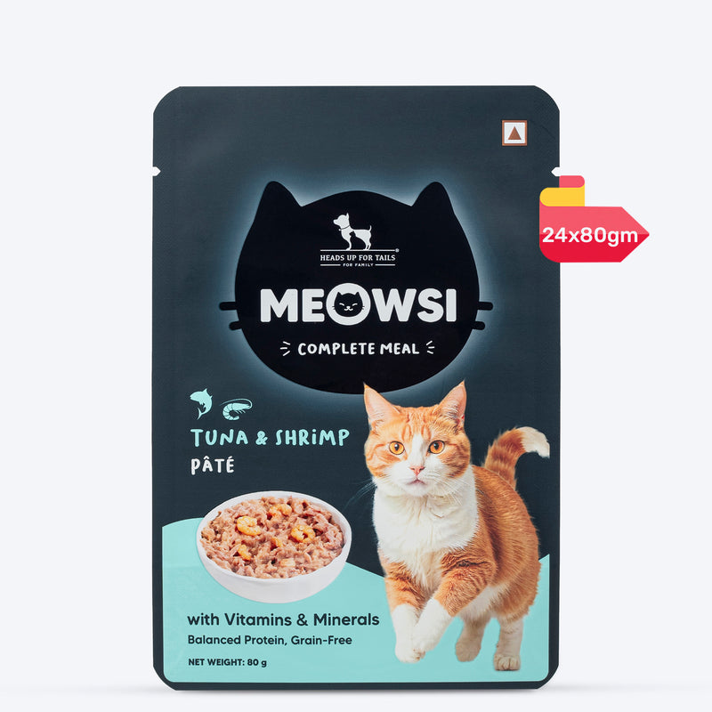 Meowsi by HUFT Tuna & Shrimp pâté Cat Wet Food, 80 gm, grain-free, with vitamins and minerals for balanced nutrition.