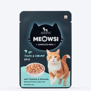 Meowsi by HUFT Tuna & Shrimp pâté Cat Wet Food, 80 gm, grain-free, with vitamins and minerals for balanced nutrition.