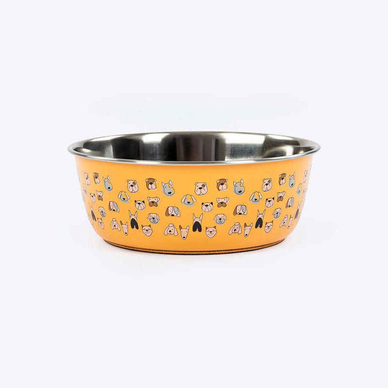 HUFT Doodle Tails Printed Steel Bowl For Dog - Yellow - Heads Up For Tails