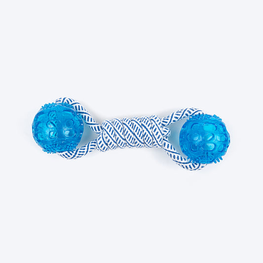 TLC Dumbbell With 2 Balls Rope Dog Toy - Navy & White