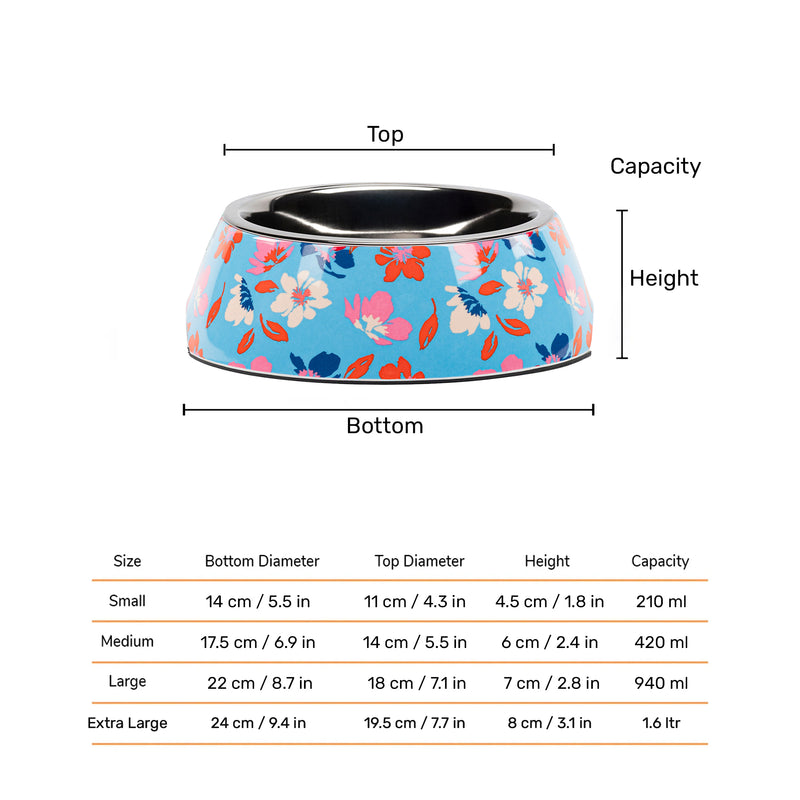 HUFT Summer Bloom Printed Melamine Bowl With Steel Insert For Dog - Blue - Heads Up For Tails