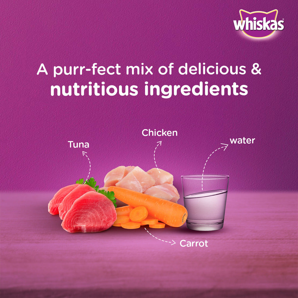 Whiskas Tasty Mix Wet Food Made With Real Fish (Tuna & Kanikama), And Carrot in Gravy For Adult (1+ year) Cat - 70 gm Pack - Heads Up For Tails