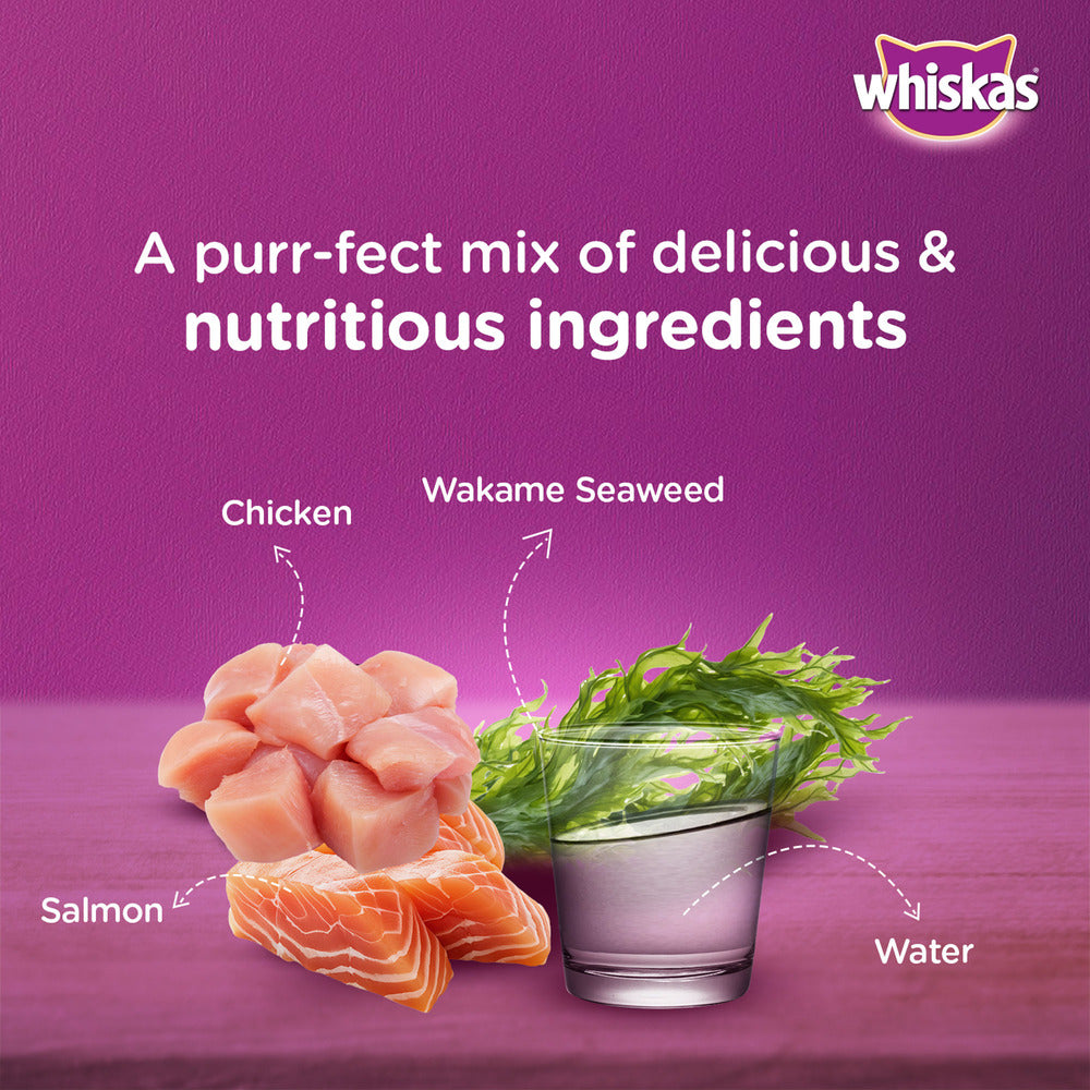 Whiskas Chicken With Salmon Wakame Seaweed Wet Food For Adult Cat - (28x70 gm) - Heads Up For Tails